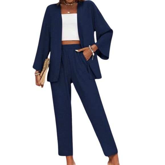 SHEIN Pants - 2 Piece Outfit Set Blue Drop Shoulder Open Front Coat & Pants Women's Size L